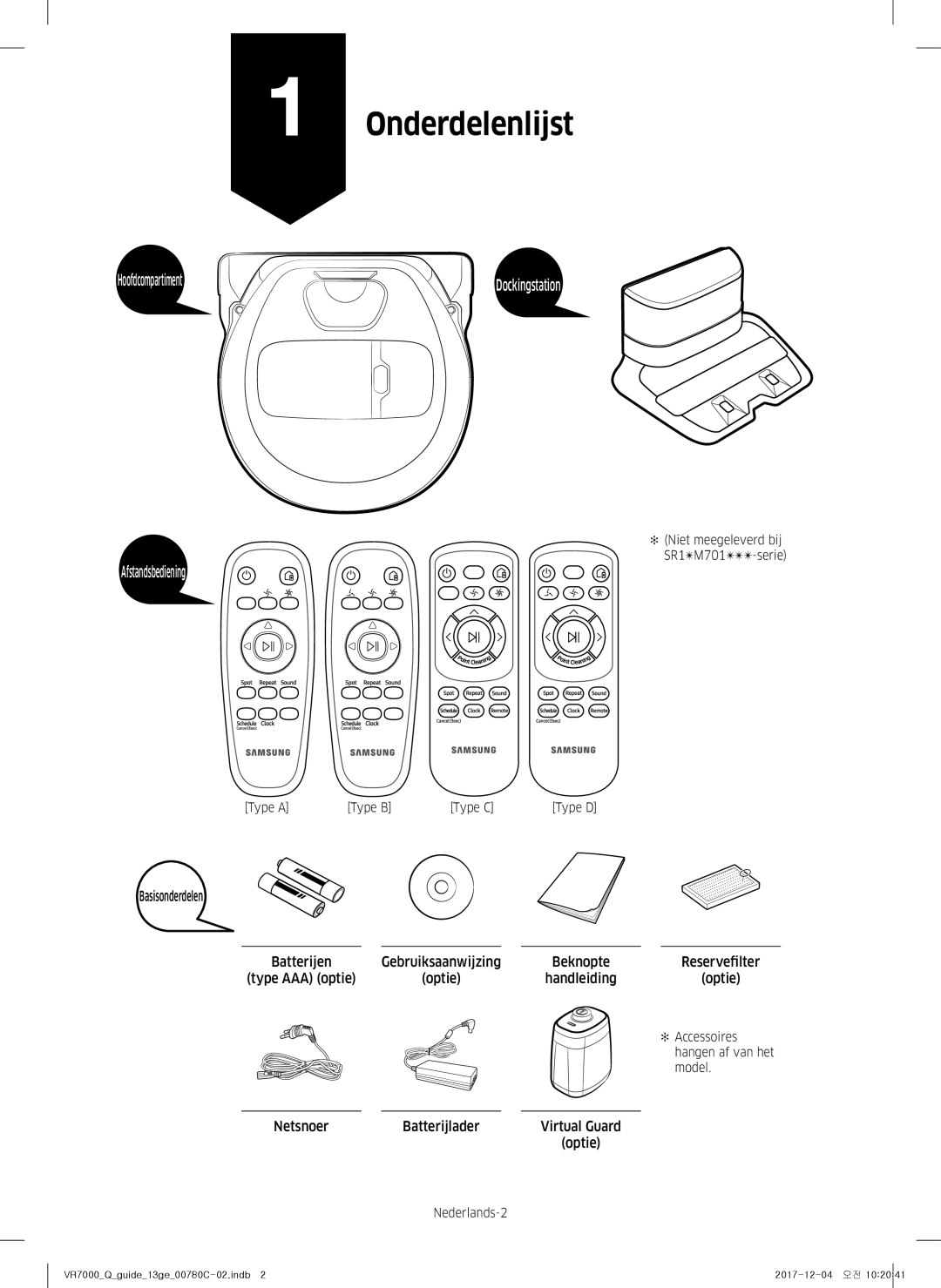 Samsung VR10M701PU5/WA, VR10M703PW9/WA manual Onderdelenlijst, Optie Handleiding, Netsnoer Batterijlader Virtual Guard Optie 