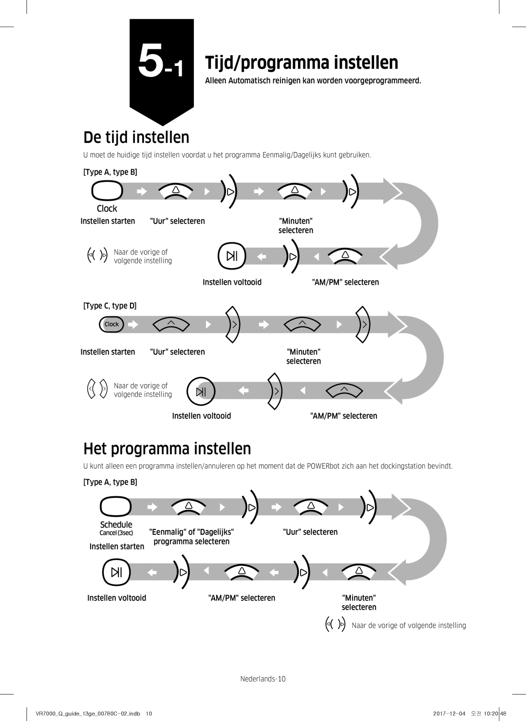 Samsung VR10M701PU5/WA, VR10M703PW9/WA manual Tijd/programma instellen, De tijd instellen, Het programma instellen 