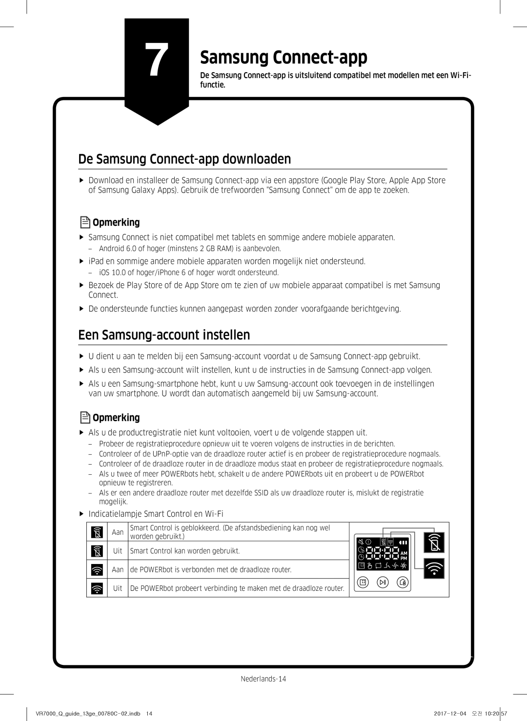 Samsung VR10M701PU5/WA, VR10M703PW9/WA manual Ff Indicatielampje Smart Control en Wi-Fi, Functie 