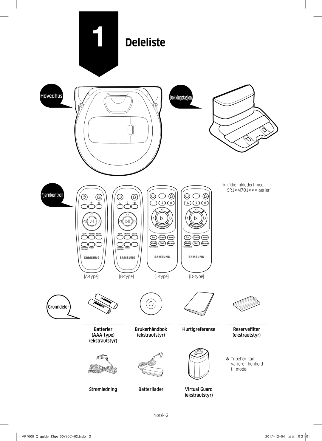 Samsung VR10M701PU5/WA, VR10M703PW9/WA manual Deleliste, Strømledning Batterilader Virtual Guard Ekstrautstyr 