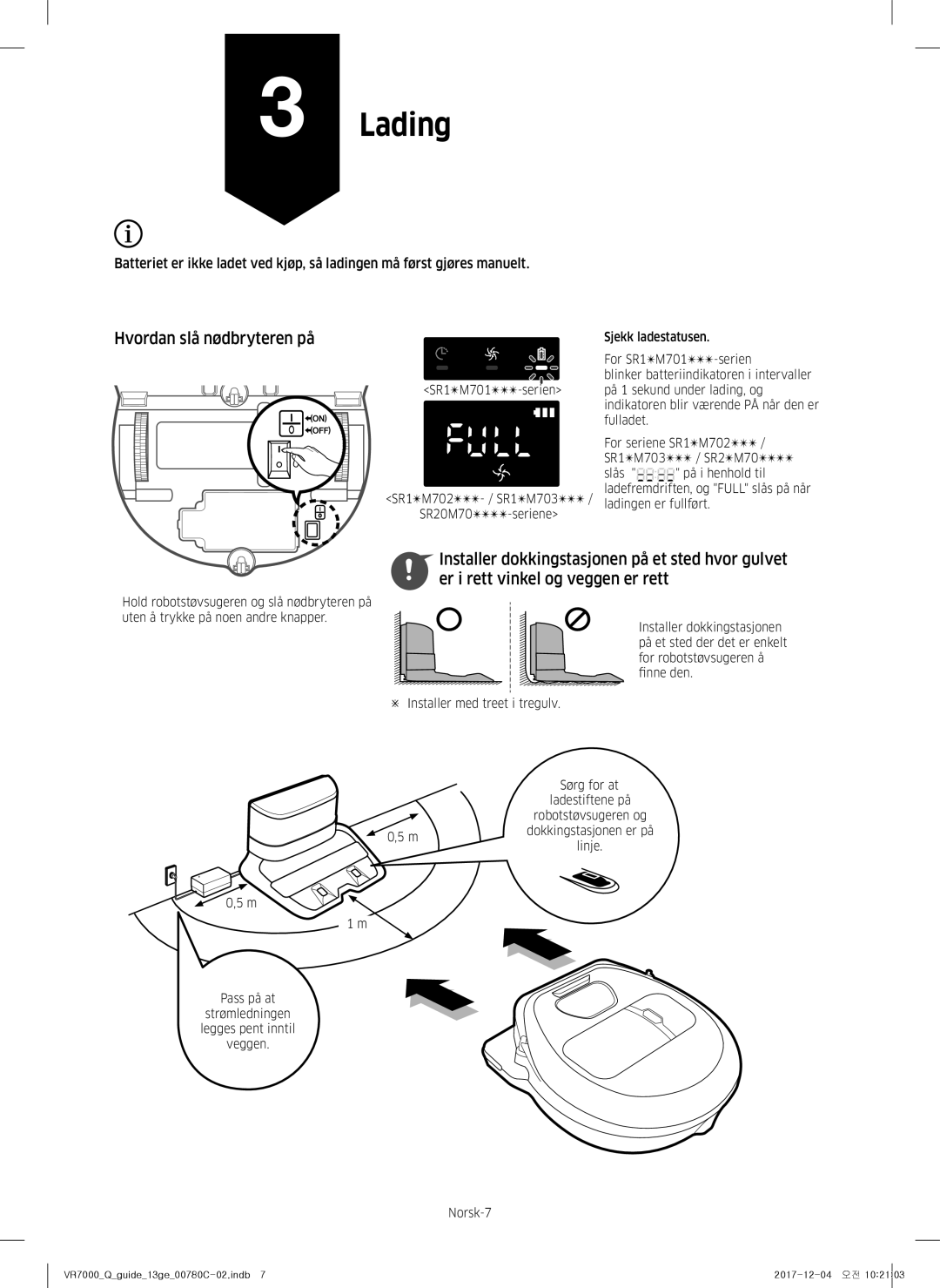 Samsung VR10M703PW9/WA, VR10M701PU5/WA manual Lading, Hvordan slå nødbryteren på 