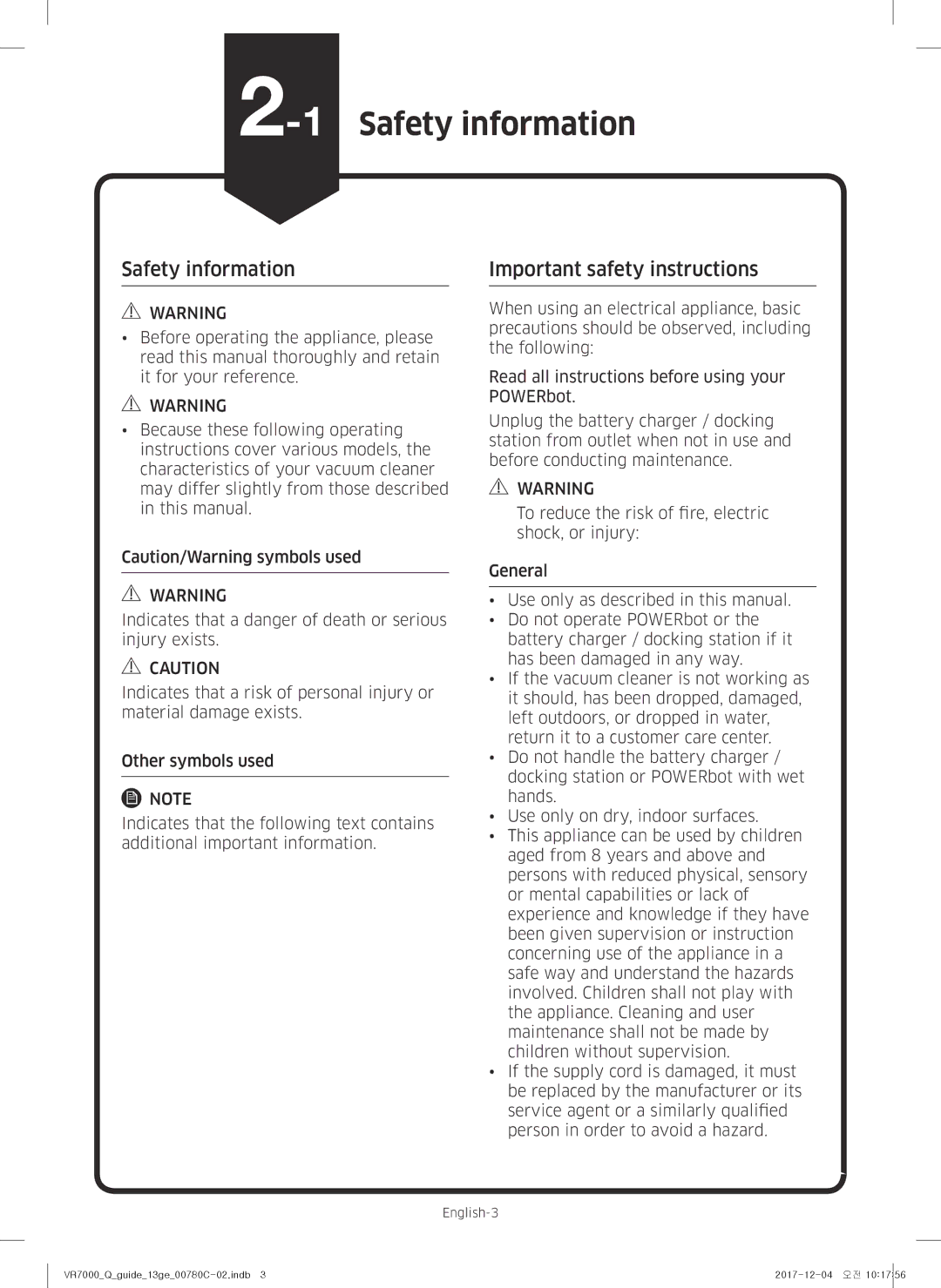 Samsung VR10M703PW9/WA, VR10M701PU5/WA manual 1Safety information, Important safety instructions 