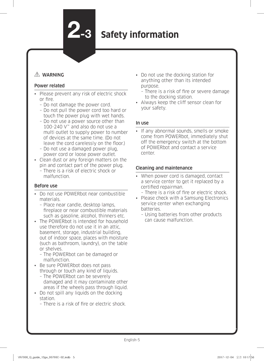 Samsung VR10M703PW9/WA, VR10M701PU5/WA manual 3Safety information 