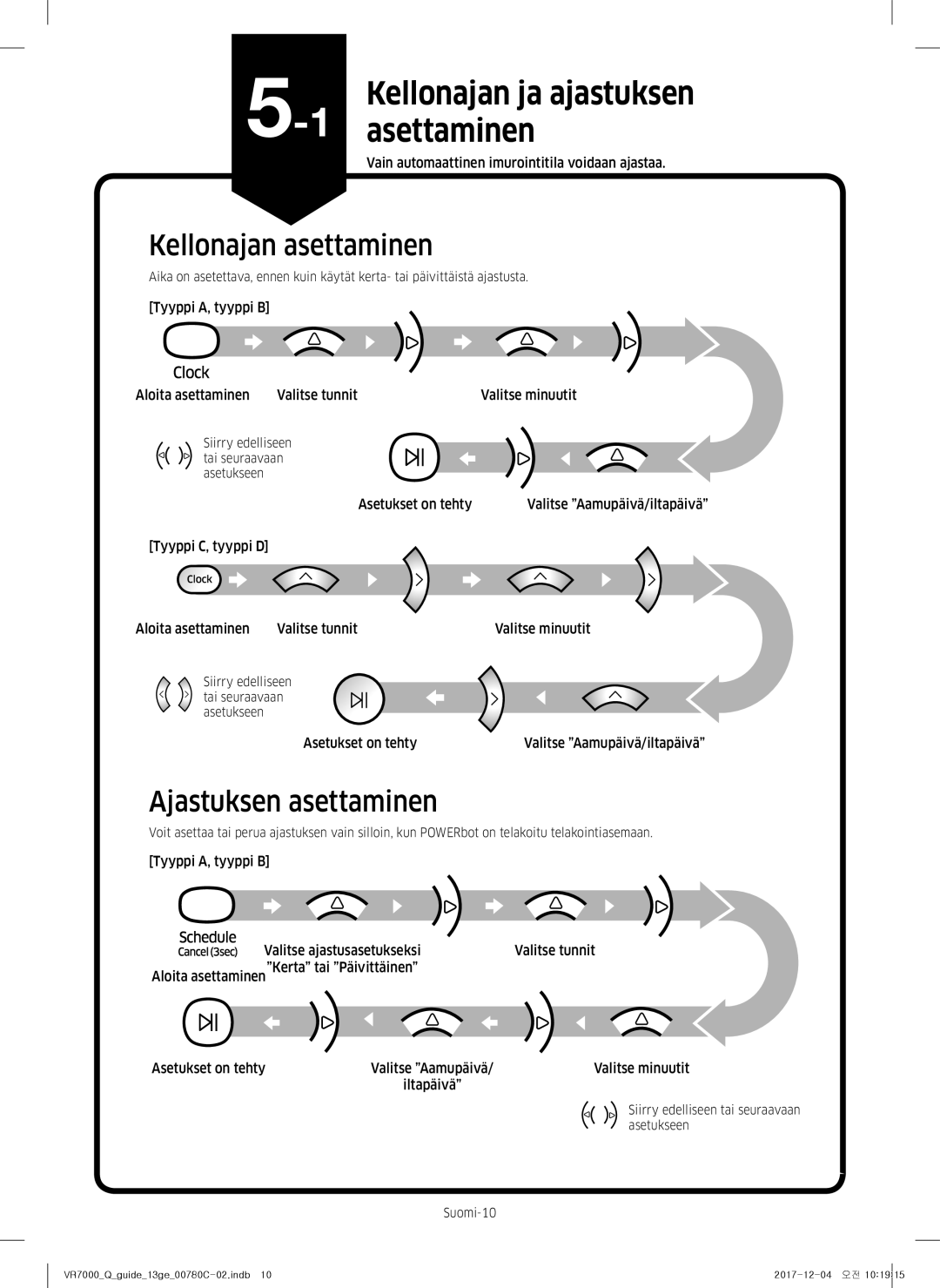 Samsung VR10M701PU5/WA, VR10M703PW9/WA manual Asettaminen, Kellonajan asettaminen, Ajastuksen asettaminen 