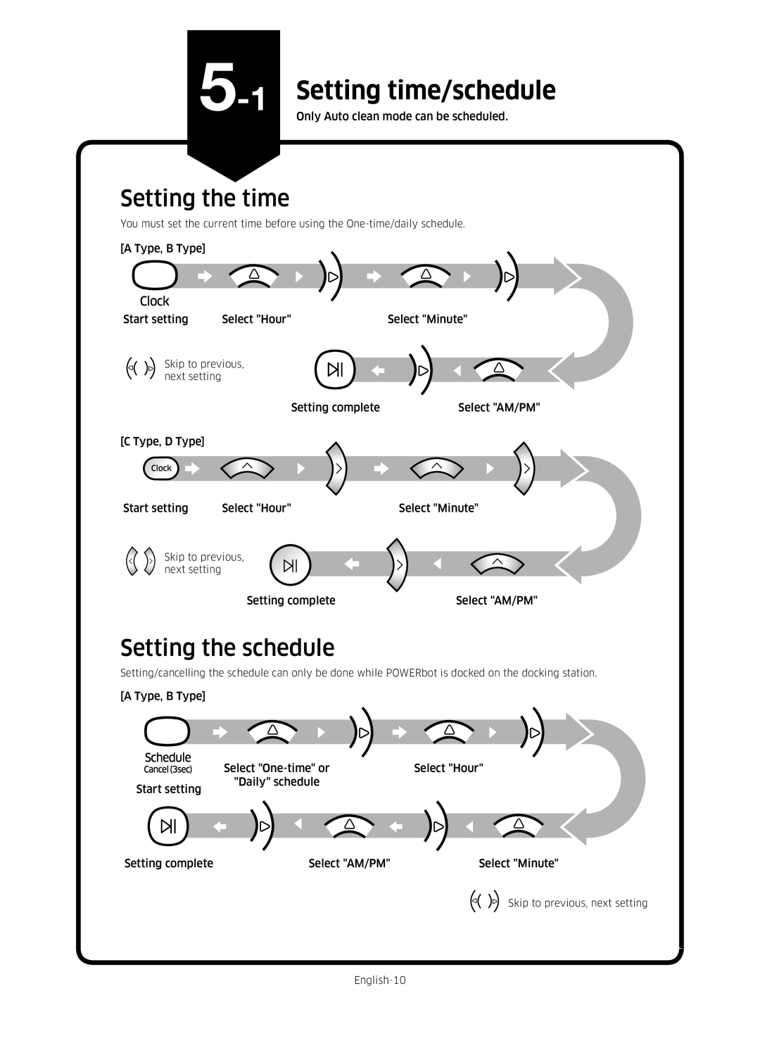 Samsung VR10M701PU5/WA, VR10M703PW9/WA manual 1Setting time/schedule, Setting the time, Setting the schedule 