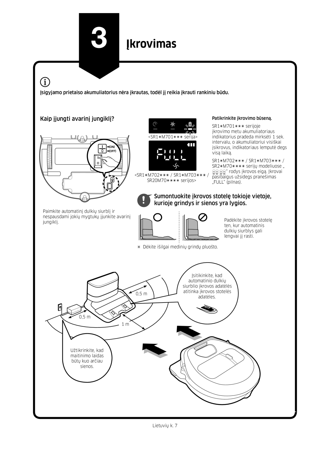 Samsung VR10M703PW9/WA, VR10M701PU5/WA manual Įkrovimas, Kaip įjungti avarinį jungiklį? 