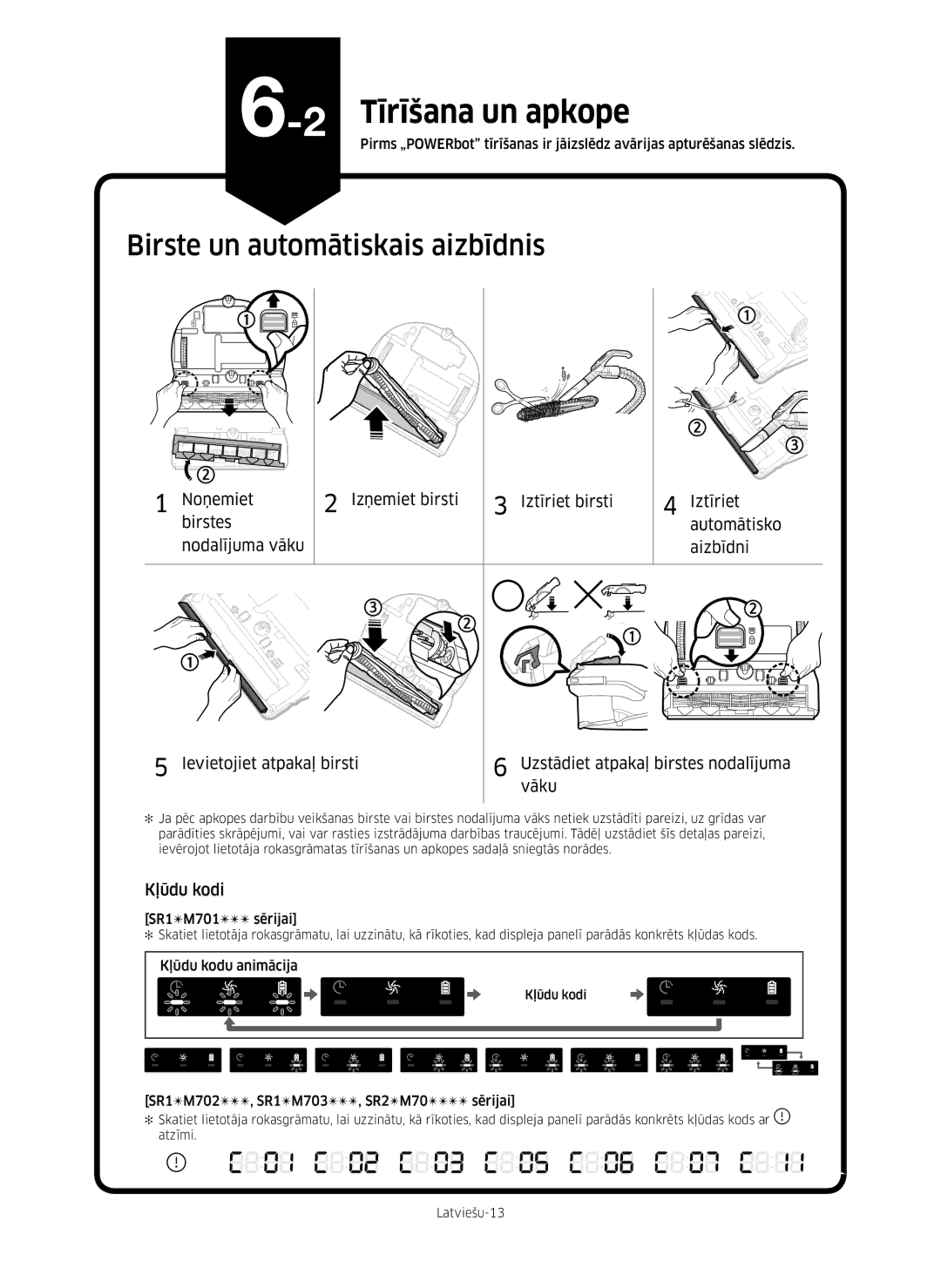 Samsung VR10M703PW9/WA manual Birste un automātiskais aizbīdnis, Kļūdu kodi, SR1 M701 sērijai, Kļūdu kodu animācija 