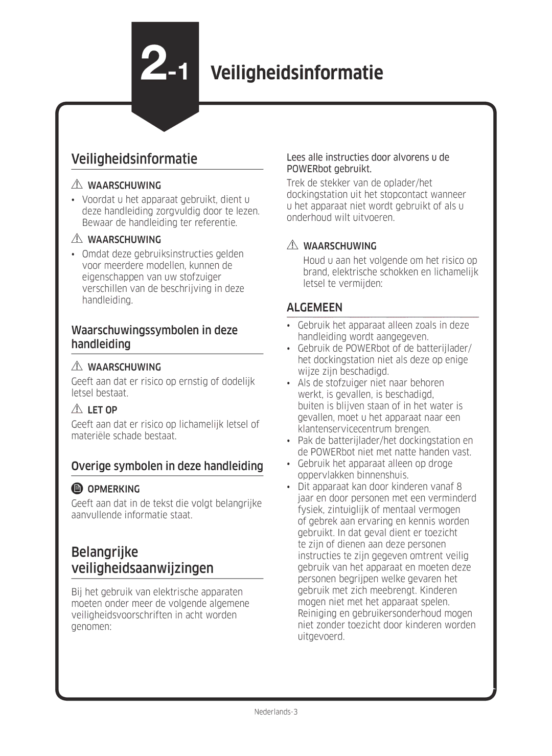 Samsung VR10M703PW9/WA, VR10M701PU5/WA manual 1Veiligheidsinformatie, Waarschuwingssymbolen in deze handleiding 