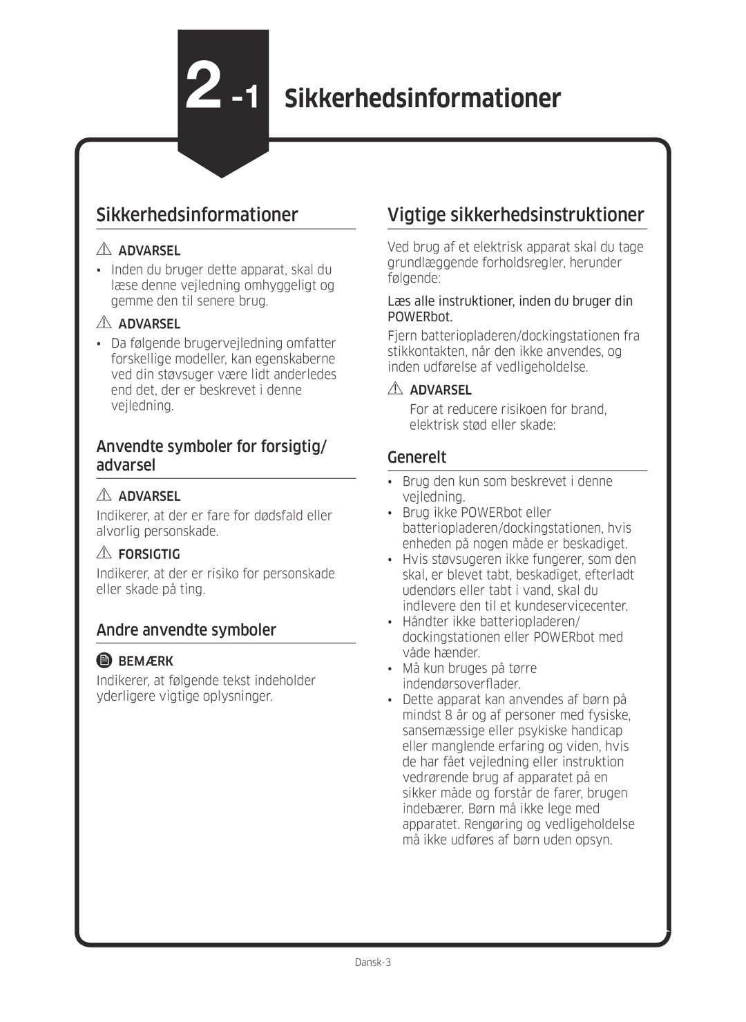 Samsung VR10M703PW9/WA manual 1Sikkerhedsinformationer, Anvendte symboler for forsigtig/ advarsel, Andre anvendte symboler 