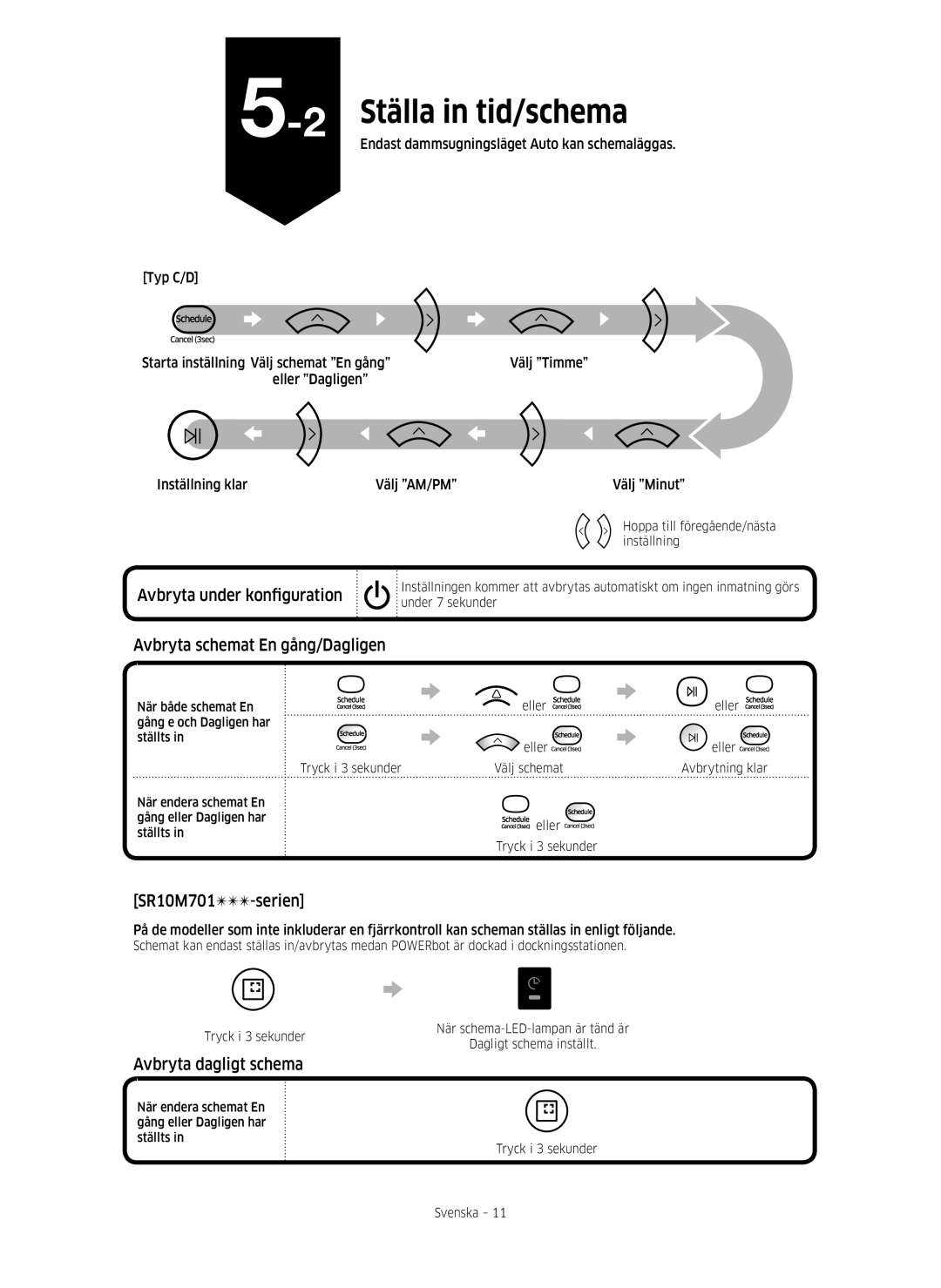 Samsung VR10M703PW9/WA manual Avbryta under konfiguration, Avbryta schemat En gång/Dagligen, Avbryta dagligt schema 