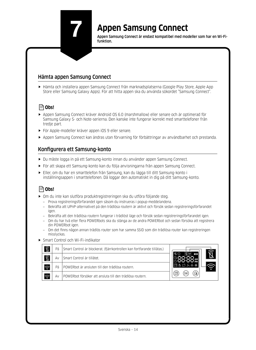 Samsung VR10M701PU5/WA Hämta appen Samsung Connect, Konfigurera ett Samsung-konto, Ff Smart Control och Wi-Fi-indikator 