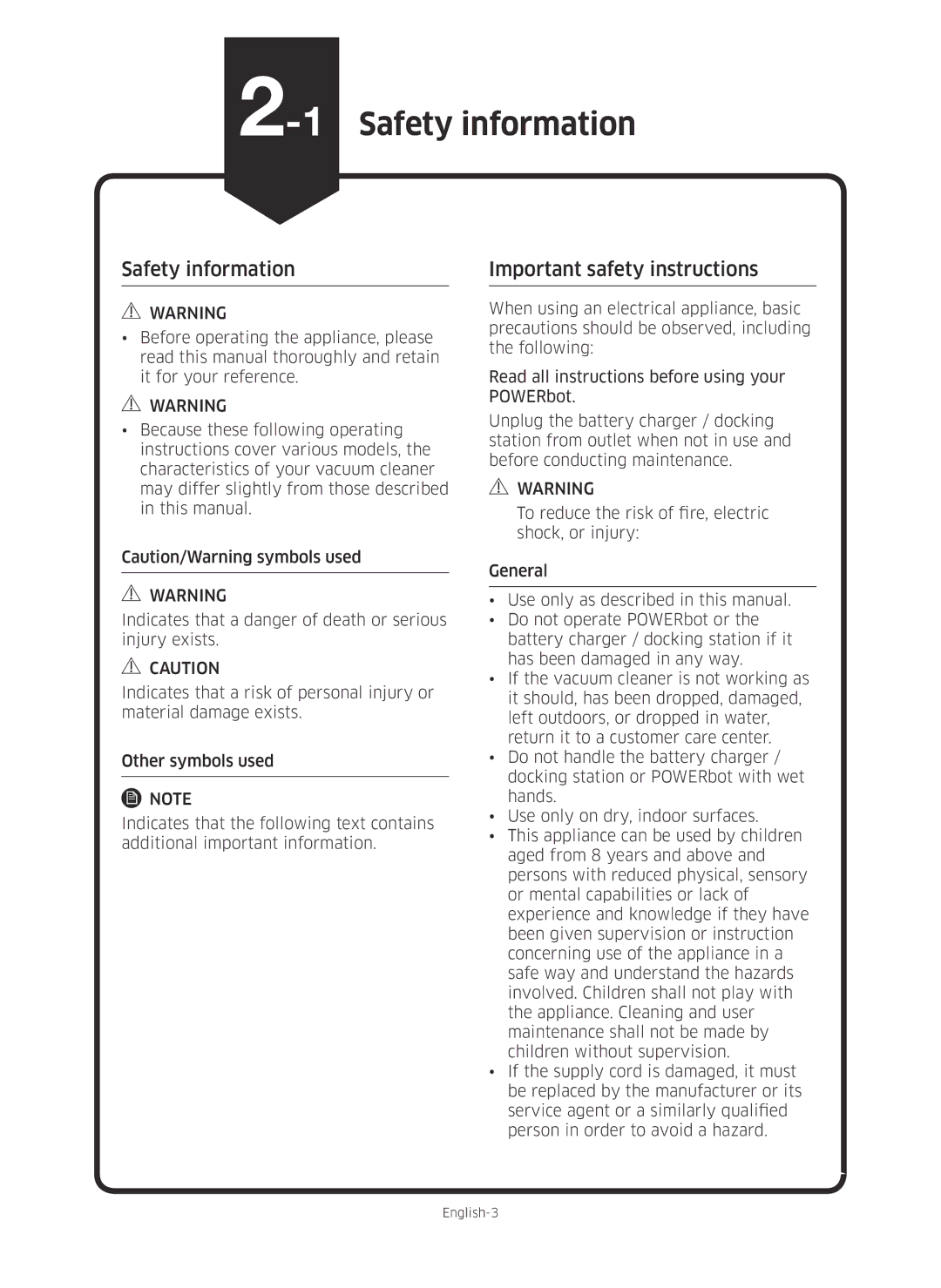 Samsung VR10M703PW9/WA, VR10M701PU5/WA manual 1Safety information, Important safety instructions 