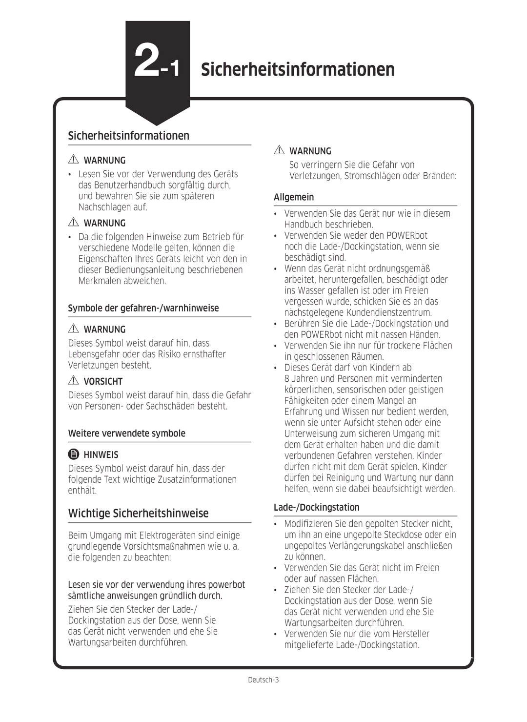 Samsung VR10M703PW9/WA, VR10M701PU5/WA 1Sicherheitsinformationen, Wichtige Sicherheitshinweise, Weitere verwendete symbole 