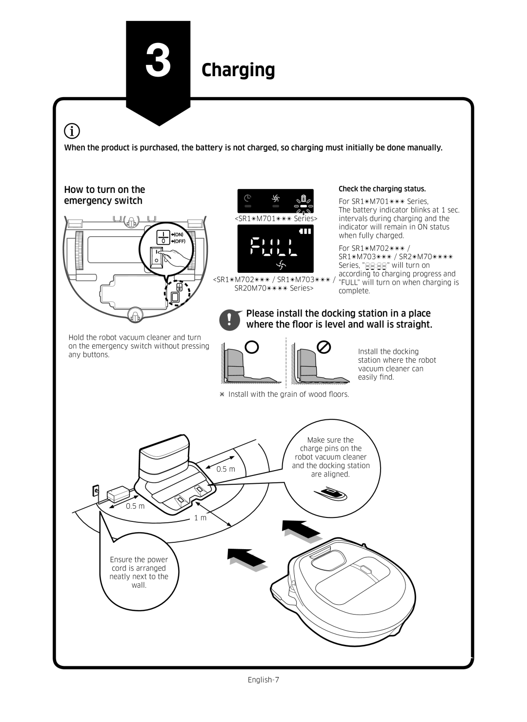 Samsung VR10M703PW9/WA, VR10M701PU5/WA manual Charging, How to turn on the emergency switch 