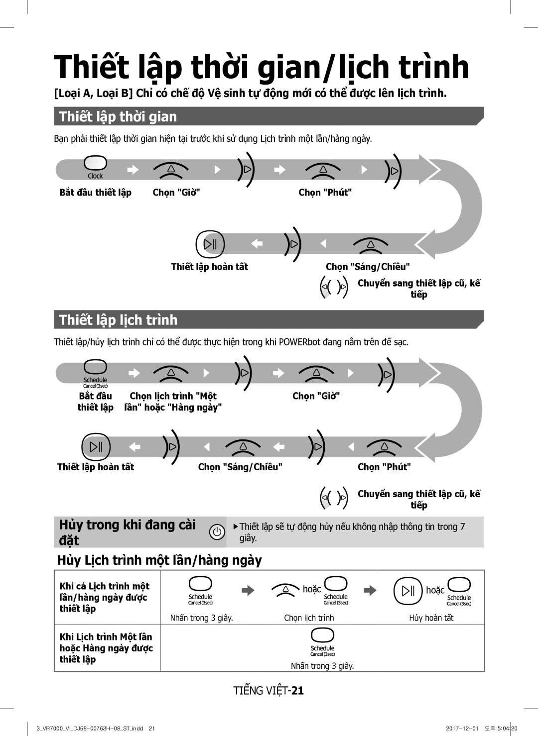 Samsung VR10M7020UW/TW, VR10M7030WG/ST, VR10M7020UW/ML manual Thiết lập thời gian/lịch trình, Thiết lập lịch trình 