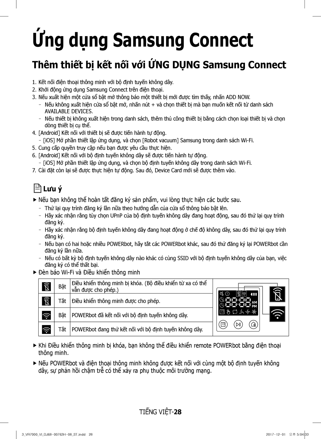 Samsung VR10M7030WG/ST manual Thêm thiết bị kết nối với ỨNG Dụng Samsung Connect, FfĐèn báo Wi-Fi và Điều khiển thông minh 