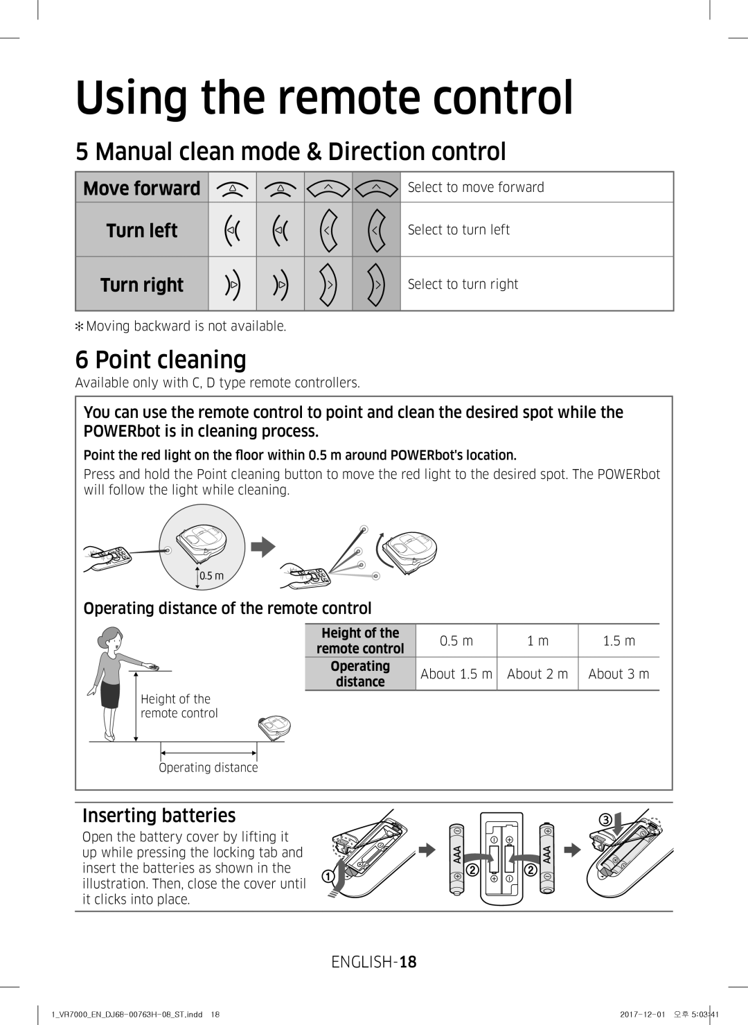 Samsung VR10M7030WG/ST, VR10M7020UW/ML, VR10M7020UW/TW manual Manual clean mode & Direction control 