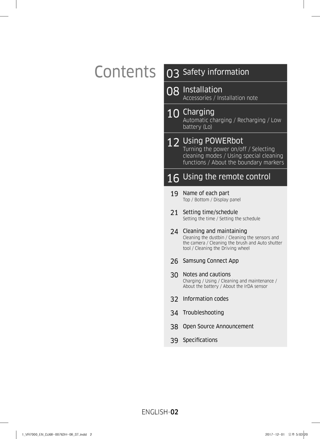 Samsung VR10M7020UW/TW, VR10M7030WG/ST, VR10M7020UW/ML manual Contents 03 Safety information Installation 