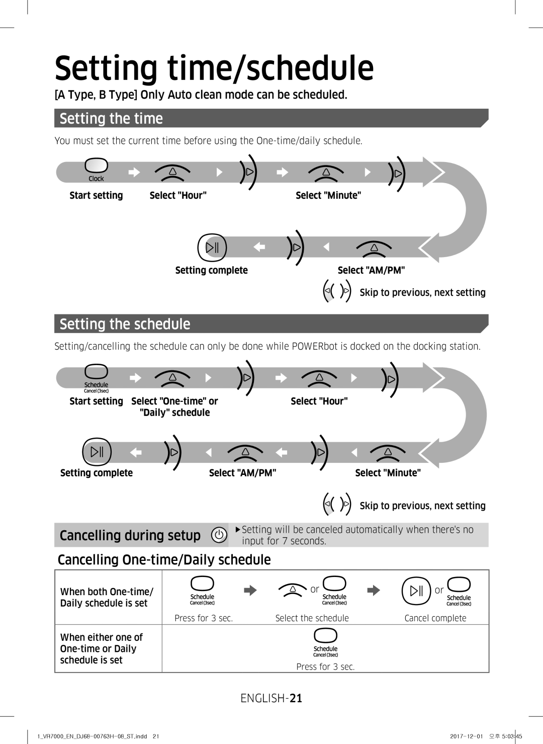 Samsung VR10M7030WG/ST, VR10M7020UW/ML, VR10M7020UW/TW manual Setting time/schedule, Setting the time 