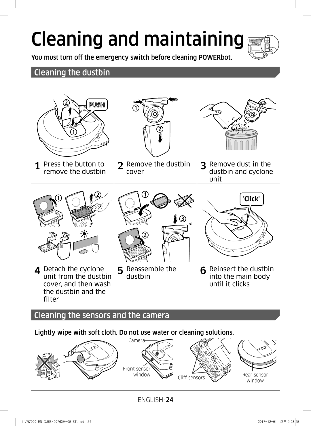 Samsung VR10M7030WG/ST, VR10M7020UW/ML, VR10M7020UW/TW manual Cleaning and maintaining, Cleaning the dustbin 