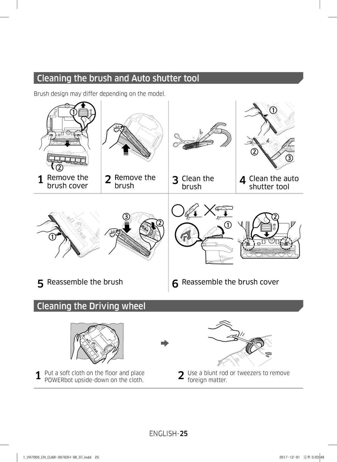 Samsung VR10M7020UW/ML, VR10M7030WG/ST, VR10M7020UW/TW manual Cleaning the brush and Auto shutter tool 