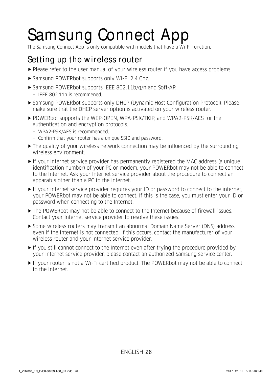 Samsung VR10M7020UW/TW, VR10M7030WG/ST, VR10M7020UW/ML manual Samsung Connect App, Setting up the wireless router 