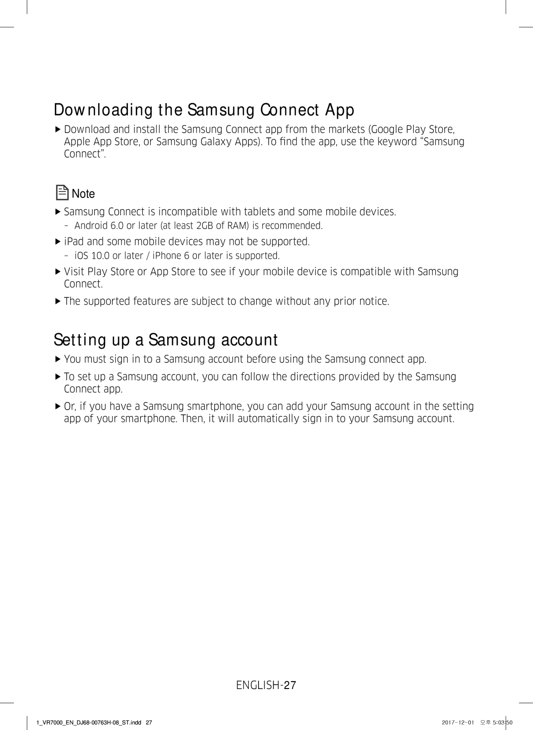 Samsung VR10M7030WG/ST, VR10M7020UW/ML, VR10M7020UW/TW manual Downloading the Samsung Connect App 