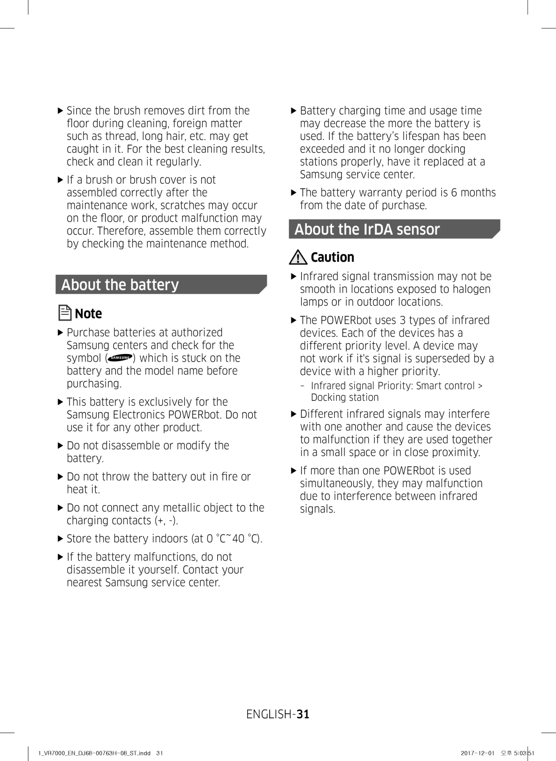 Samsung VR10M7020UW/ML, VR10M7030WG/ST, VR10M7020UW/TW manual About the battery 