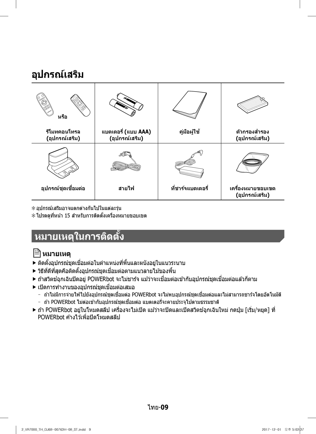 Samsung VR10M7020UW/ML, VR10M7030WG/ST, VR10M7020UW/TW manual อุปกรณ์เสริม, หมายเหตุในการติดต ั้ง 