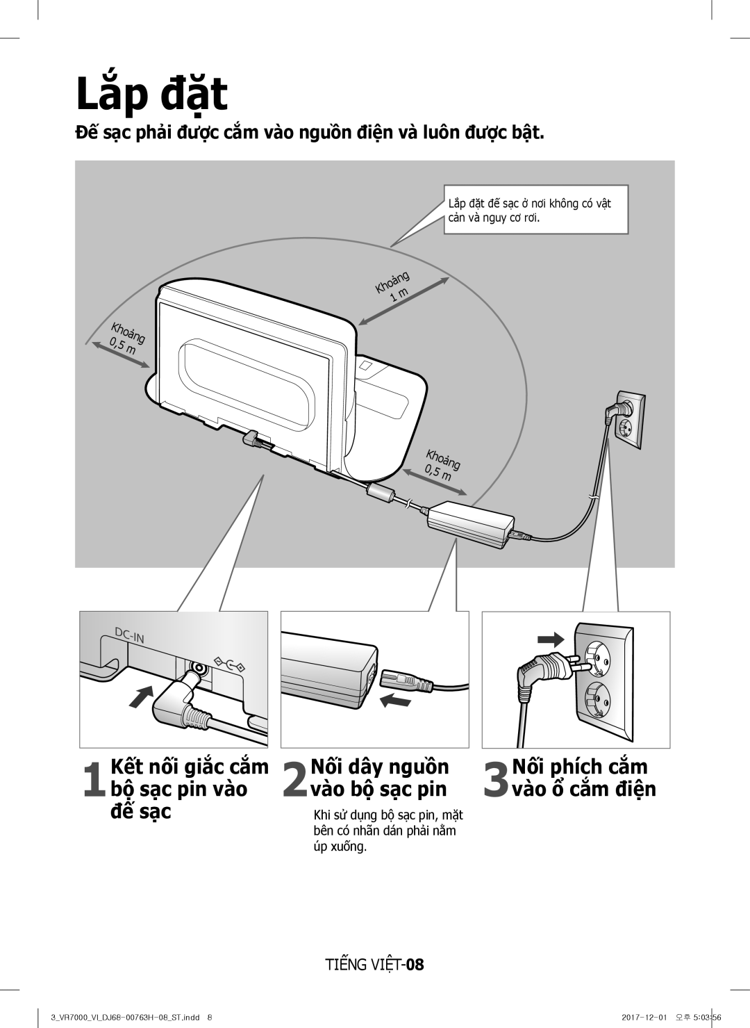 Samsung VR10M7020UW/ML Lắp đặt, Đế sạc phải được cắm vào nguồn điện và luôn được bật, Kết nối giắc cắm, Nối dây nguồn 