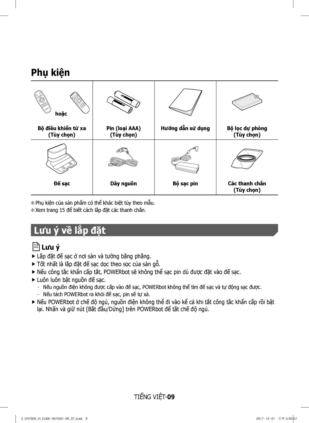 Samsung VR10M7020UW/TW, VR10M7030WG/ST, VR10M7020UW/ML manual Phụ kiện, Lưu ý về lắp đặt 