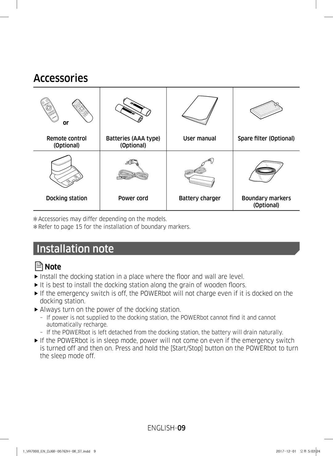 Samsung VR10M7030WG/ST, VR10M7020UW/ML, VR10M7020UW/TW manual Installation note 