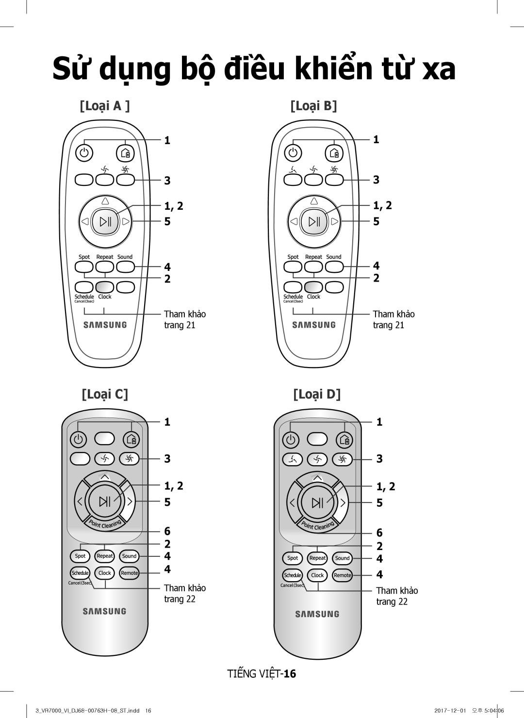 Samsung VR10M7030WG/ST, VR10M7020UW/ML, VR10M7020UW/TW manual Sử dụng bộ điều khiển từ xa, Loại C 