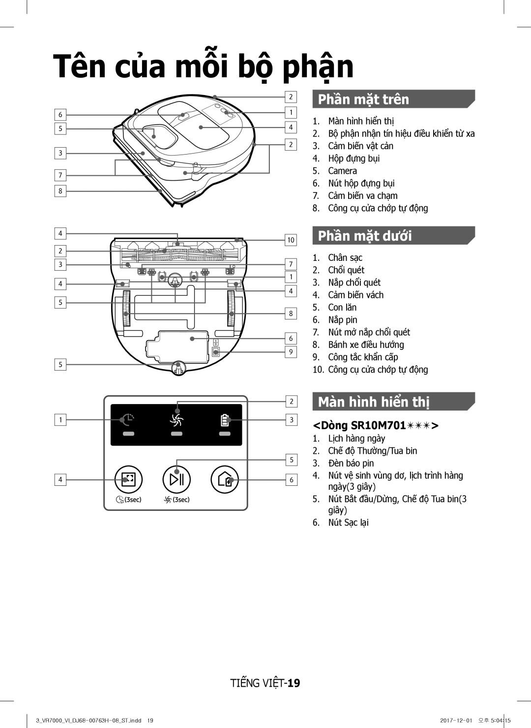 Samsung VR10M7030WG/ST, VR10M7020UW/ML, VR10M7020UW/TW Tên của mỗi bộ phận, Phần mặt trên, Phần mặt dưới, Màn hình hiển thị 