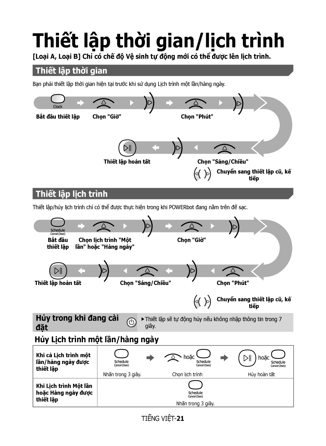 Samsung VR10M7020UW/TW, VR10M7030WG/ST, VR10M7020UW/ML manual Thiết lập thời gian/lịch trình, Thiết lập lịch trình 