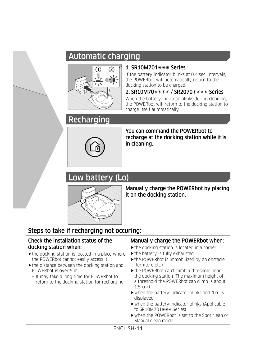 Samsung VR10M7020UW/TW, VR10M7030WG/ST, VR10M7020UW/ML manual Automatic charging 