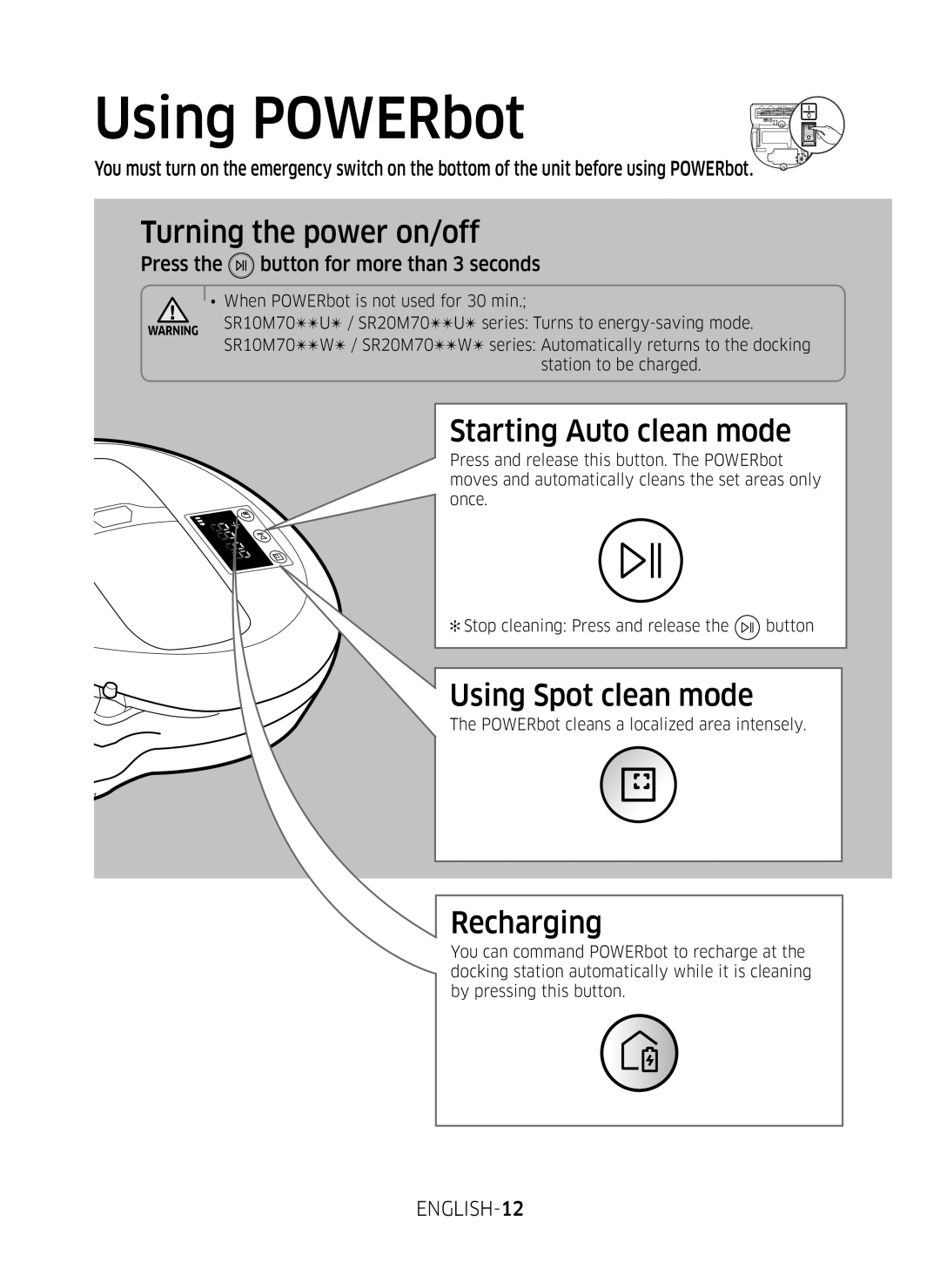 Samsung VR10M7030WG/ST, VR10M7020UW/ML, VR10M7020UW/TW manual Using POWERbot, Turning the power on/off 