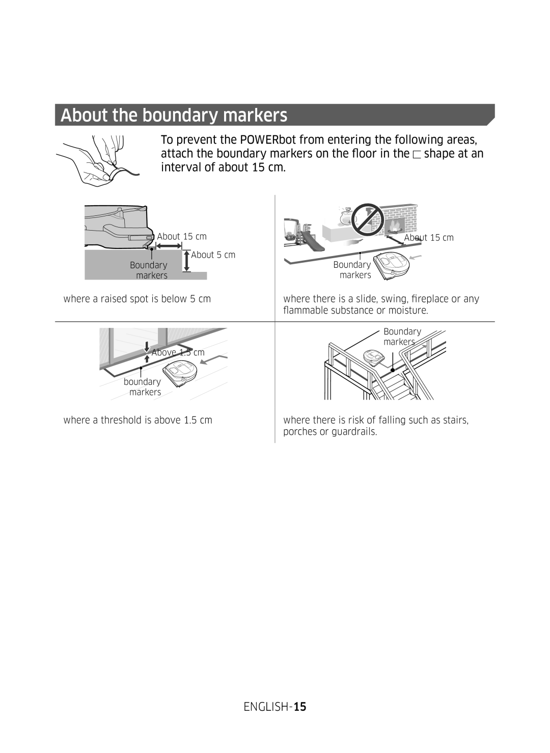 Samsung VR10M7030WG/ST, VR10M7020UW/ML, VR10M7020UW/TW manual About the boundary markers 