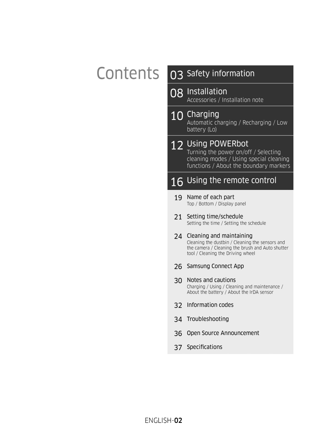 Samsung VR10M7020UW/TW, VR10M7030WG/ST, VR10M7020UW/ML manual Contents 03 Safety information Installation 