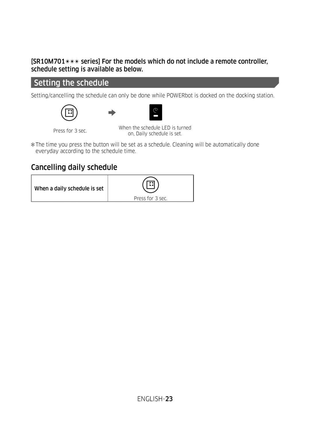 Samsung VR10M7020UW/TW, VR10M7030WG/ST, VR10M7020UW/ML manual Cancelling daily schedule 