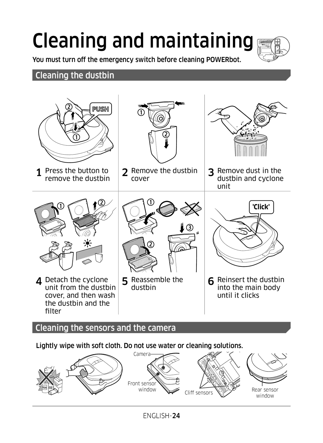 Samsung VR10M7030WG/ST, VR10M7020UW/ML, VR10M7020UW/TW manual Cleaning and maintaining, Cleaning the dustbin 