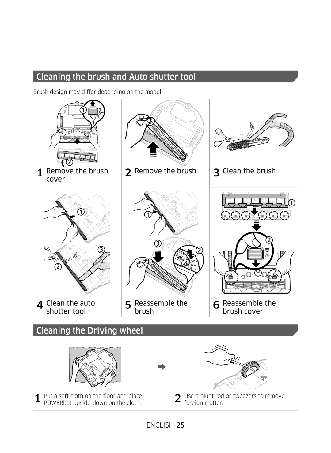 Samsung VR10M7020UW/ML, VR10M7030WG/ST, VR10M7020UW/TW manual Cleaning the brush and Auto shutter tool 