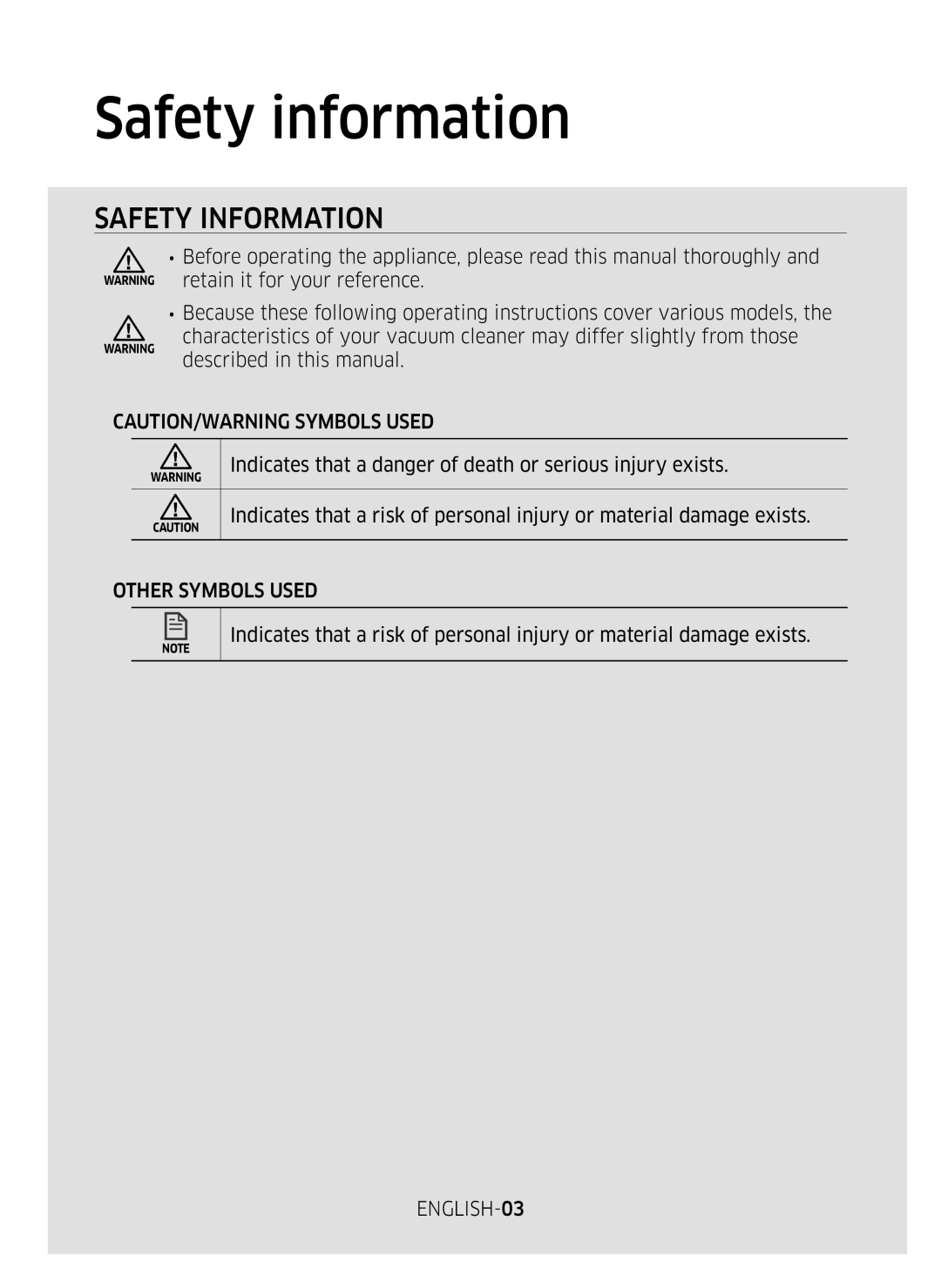 Samsung VR10M7030WG/ST, VR10M7020UW/ML, VR10M7020UW/TW manual Safety information, Safety Information 