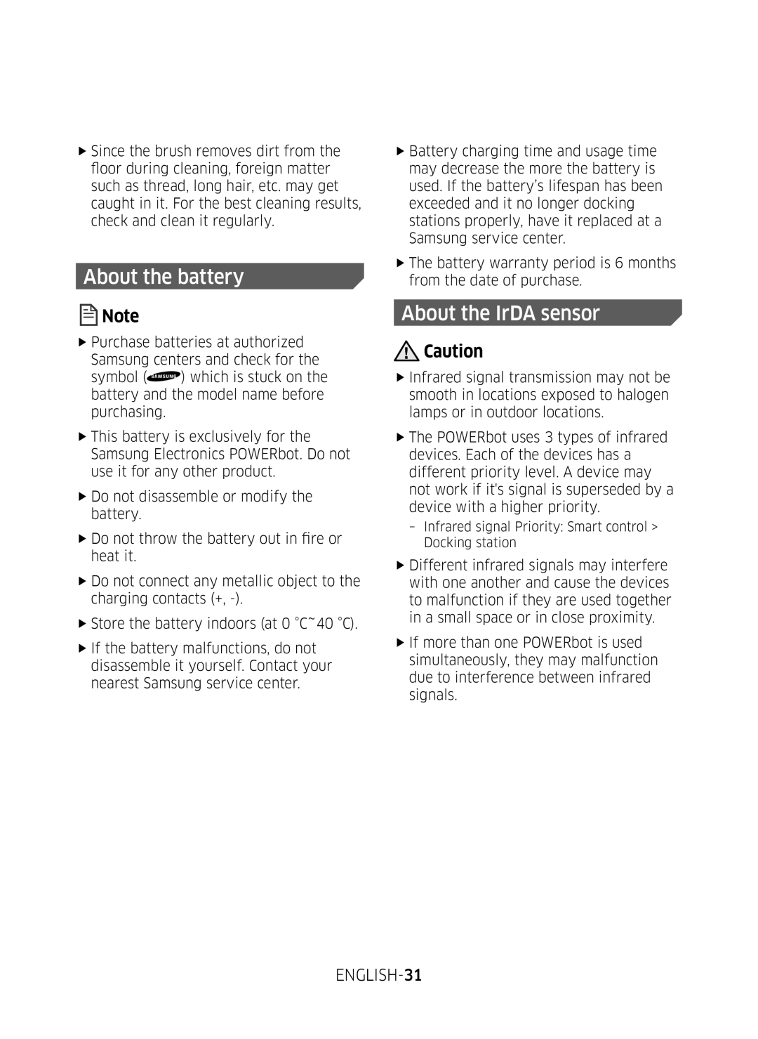 Samsung VR10M7020UW/ML, VR10M7030WG/ST, VR10M7020UW/TW manual About the battery 