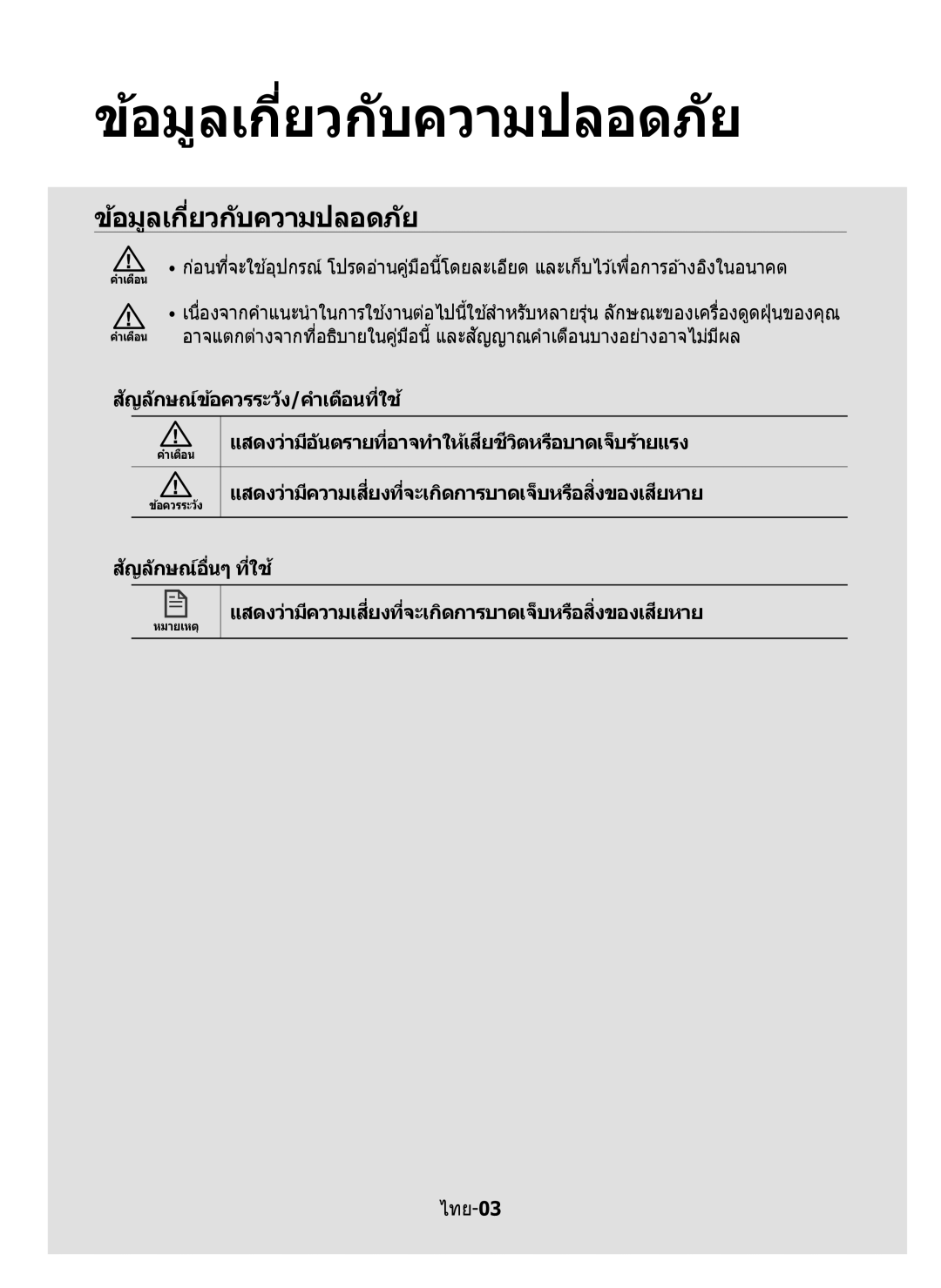 Samsung VR10M7020UW/ML, VR10M7030WG/ST, VR10M7020UW/TW manual ข้อมูลเกี่ยวกับความปลอดภั 