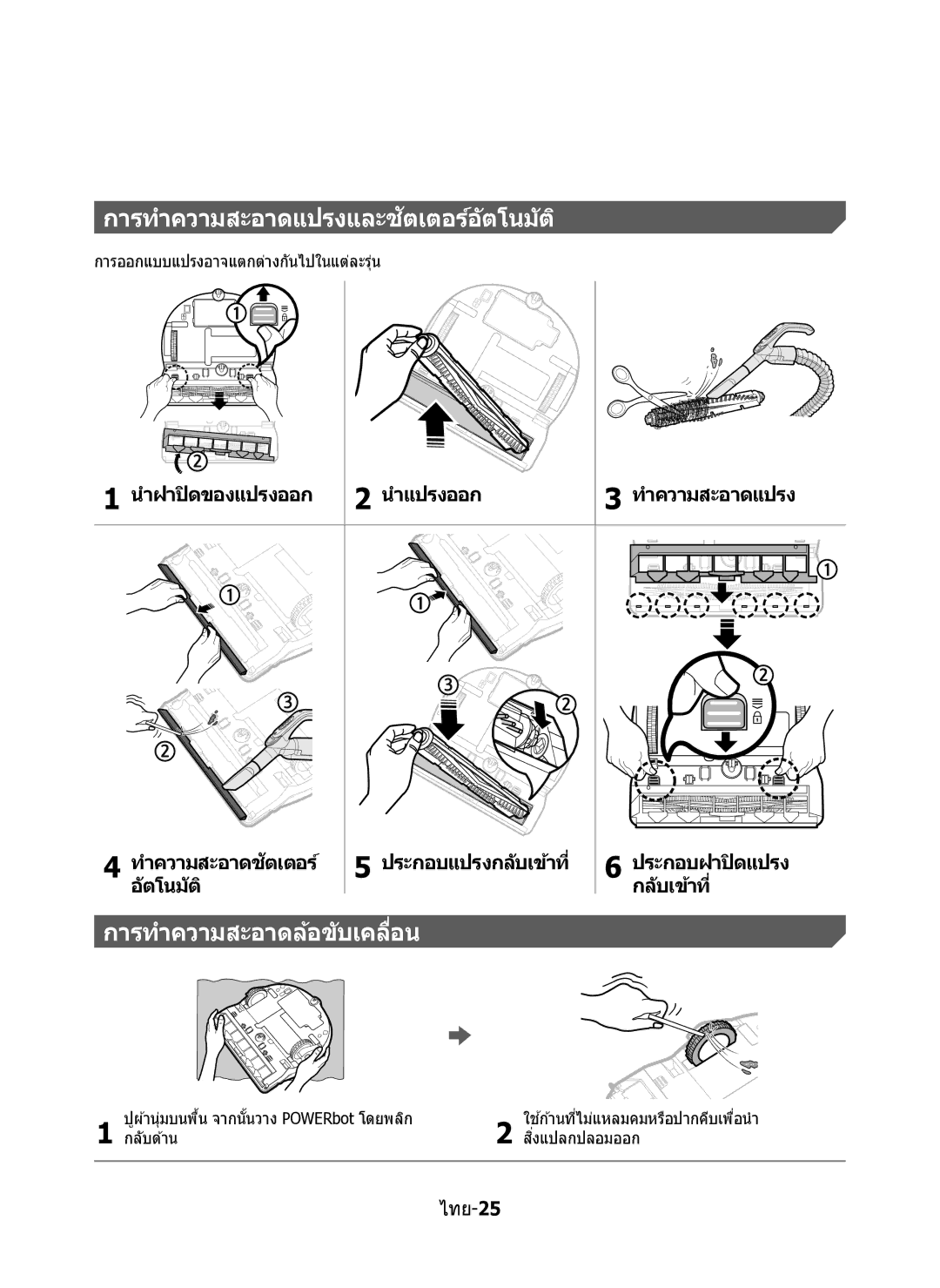 Samsung VR10M7020UW/TW manual การทำความสะอาดล้อขับเคลื่อน, ประกอบแปรงกลับเข้าที่ ประกอบฝาปิดแปรง อัตโนมัติ, ไทย-25 