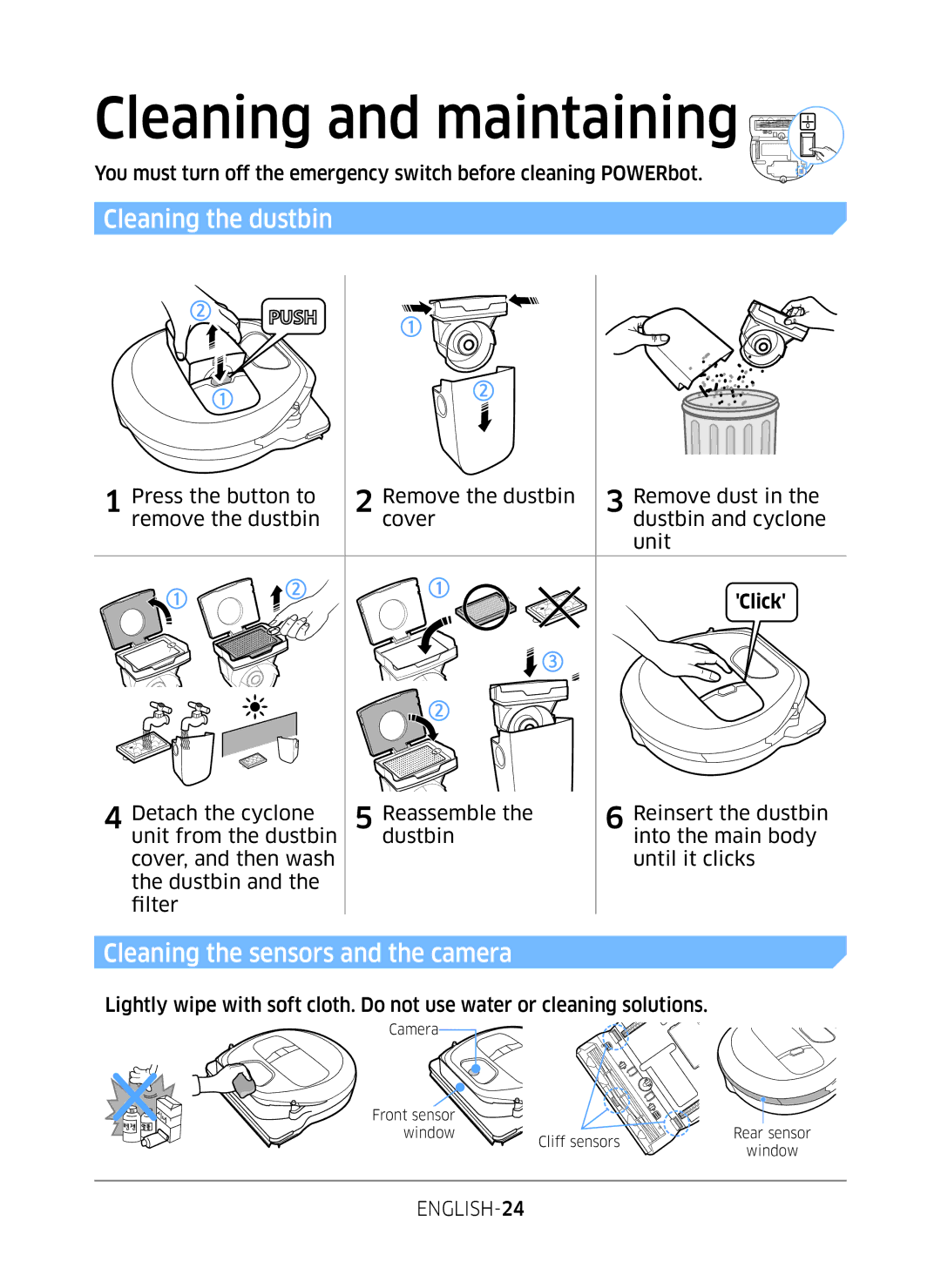 Samsung VR10M7030WG/ST, VR10M7020UW/ML, VR10M7020UW/TW manual Cleaning and maintaining, Cleaning the dustbin 