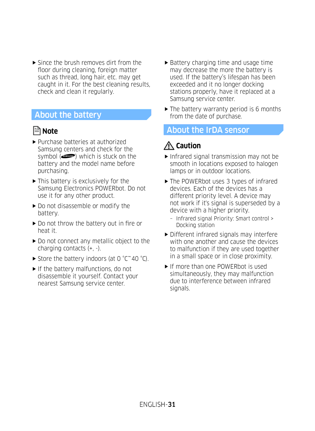 Samsung VR10M7020UW/ML, VR10M7030WG/ST, VR10M7020UW/TW manual About the battery 