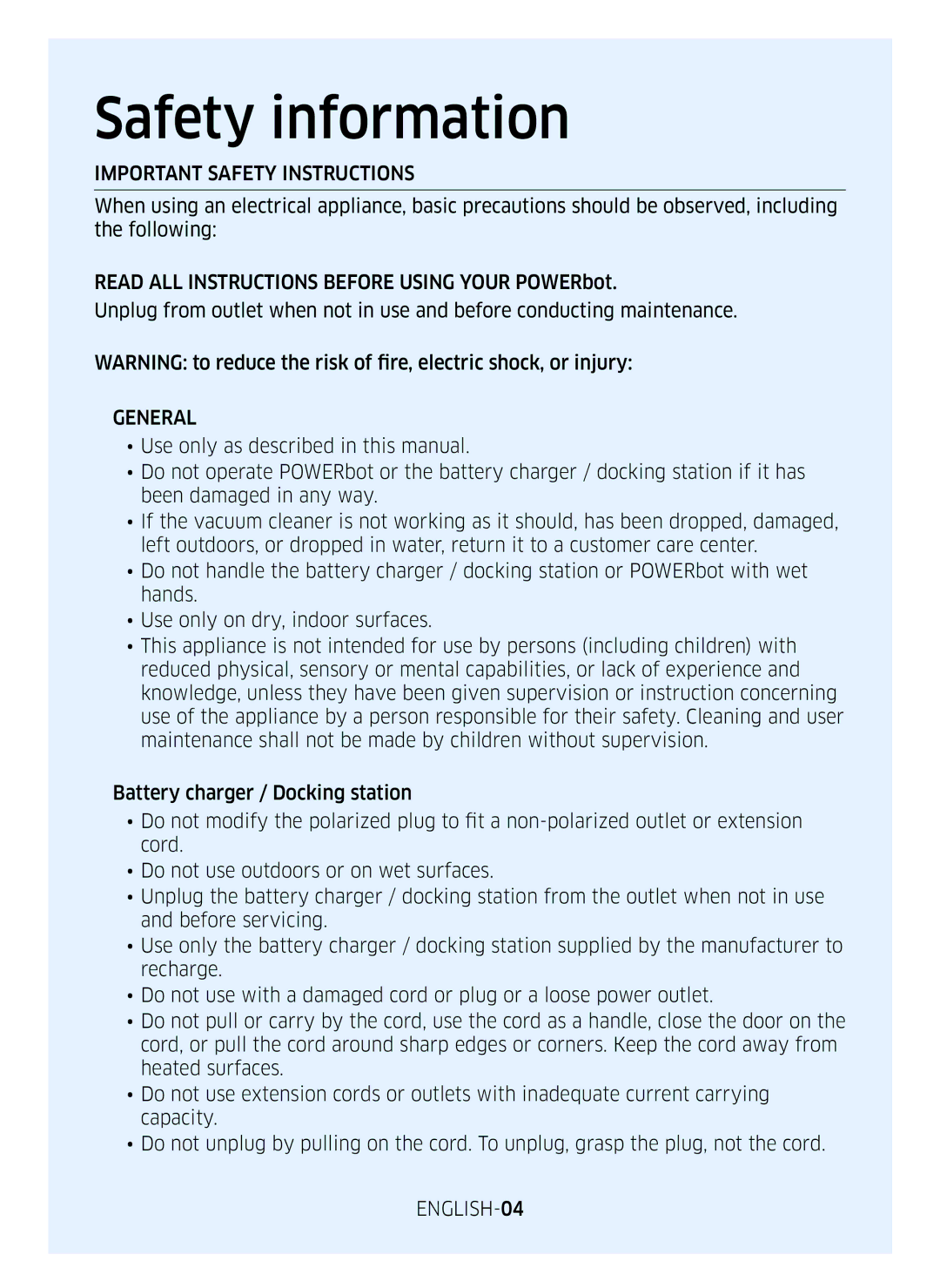 Samsung VR10M7020UW/ML, VR10M7030WG/ST, VR10M7020UW/TW manual Important Safety Instructions 