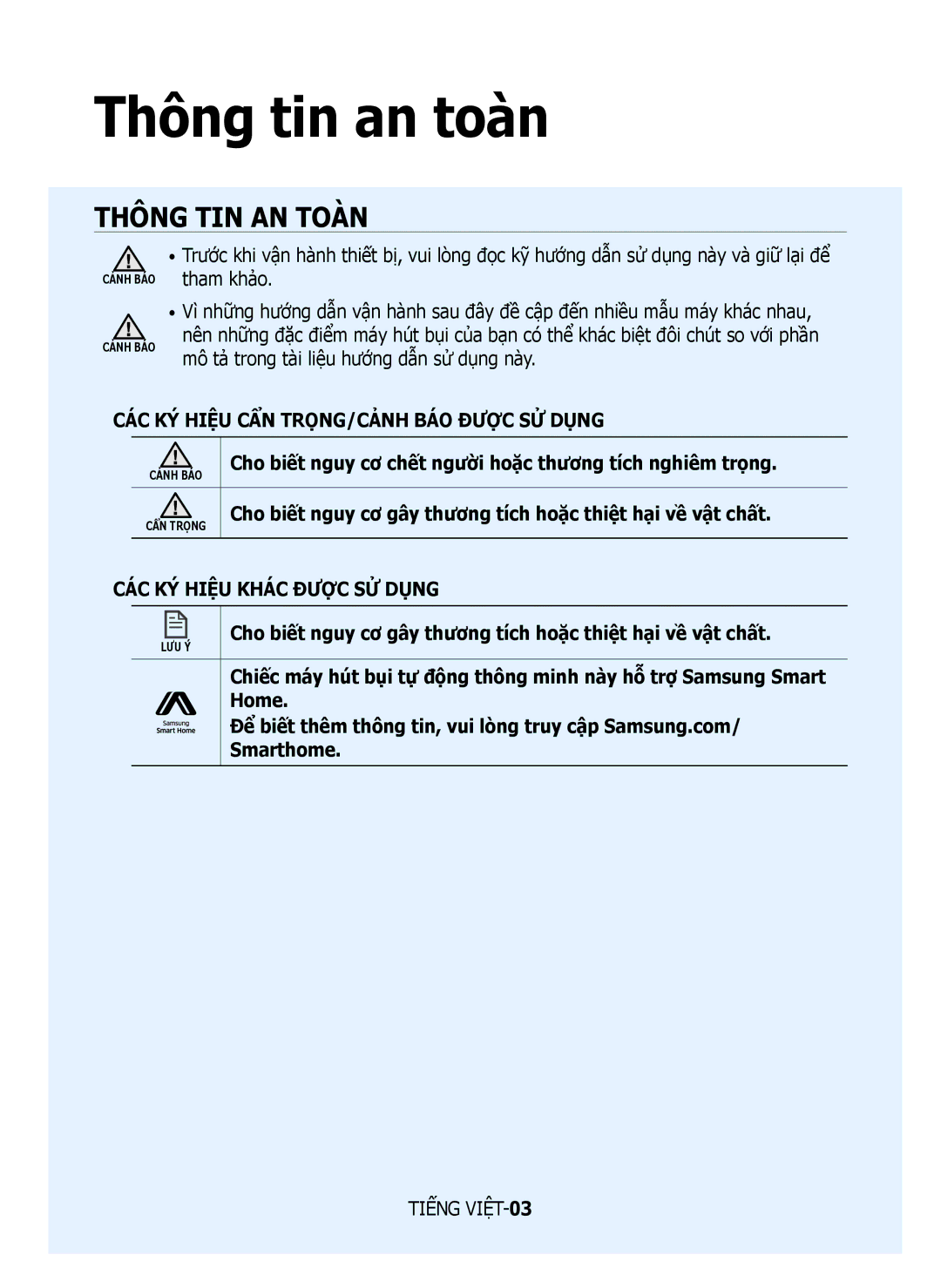 Samsung VR10M7020UW/TW, VR10M7030WG/ST, VR10M7020UW/ML manual Thông tin an toàn, Thông TIN AN Toàn 